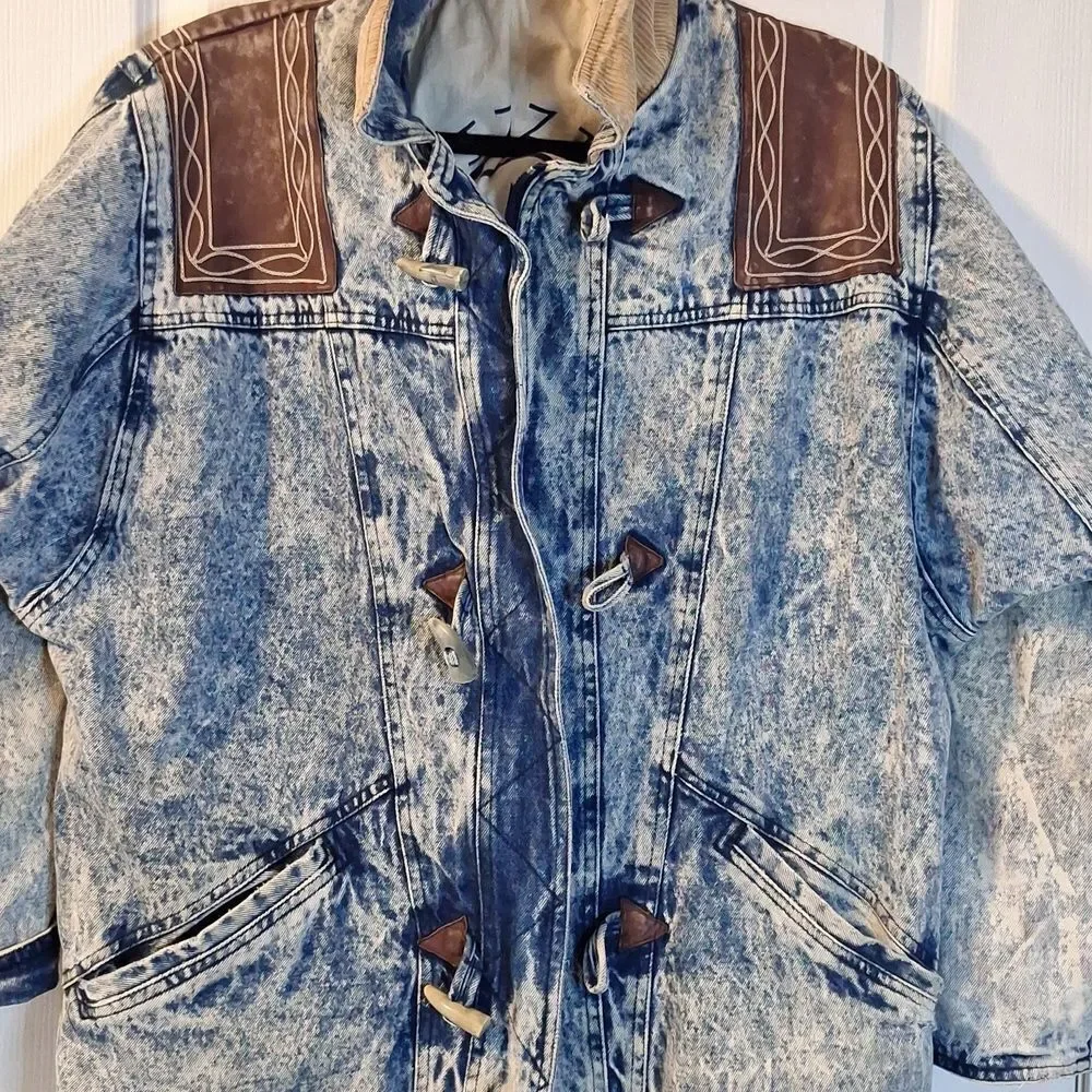 Izzi vintage 80s stone washed denim with leather accents long jacket/coat L - Picture 13 of 14